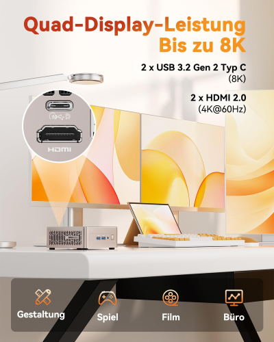 GEEKOM Mini PC A5 with AMD Ryzen 5 7430U, 16GB RAM 1TB SSD (max.64GB + 4TB), Windows 11 Pro, Ultra Quiet Compact Desktop PC with AMD Radeon Graphics, Dual HDMI 4K Output, SD...
