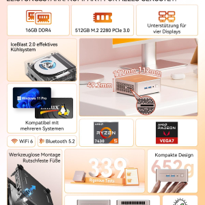GEEKOM Mini PC A5 with AMD Ryzen 5 7430U, 16GB RAM (Expandable, Not LPDDR) 512GB SSD, Windows 11 Pro Ultra Quiet Compact Desktop PC with Dual HDMI 8K Output & SD Card Slot for...