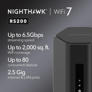 NETGEAR Nighthawk Dual Band WiFi 7 Router (RS200) – security features, Wireless BE6500 speed (up to 6.5 Gbps) – covers up to 2,000 sq.ft., 80 devices – 2.5 GB Internet port