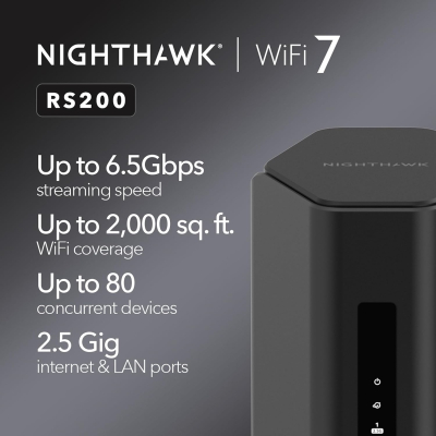 NETGEAR Nighthawk Dual Band WiFi 7 Router (RS200) – security features, Wireless BE6500 speed (up to 6.5 Gbps) – covers up to 2,000 sq.ft., 80 devices – 2.5 GB Internet port