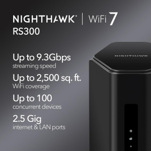 NETGEAR Nighthawk Tri-Band WiFi 7 Router (RS300) – security features, BE9300 wireless speed (up to 9.3 Gbps) – covers up to 2,500 sq.ft., 100 devices – 2.5 GB internet port