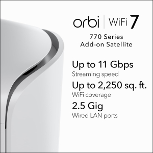 NETGEAR Orbi 770 Series Tri-band WiFi 7 Mesh Add-on Satellite (RBE770) – Works with Orbi RBE772 and RBE773 – Adds Coverage up to 180 m2-2.5 Gig Internet Port, BE11000 802.11be...