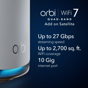 NETGEAR Orbi 970 Series (RBE970) Quad-band WiFi 7 Mesh Add-on Satellite - Works With Existing 970 Series Mesh System or Router, Security Features, Covers up to 2,700 sq. ft.,...