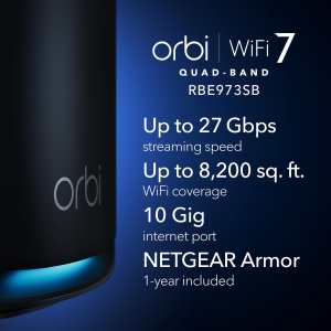 NETGEAR Orbi 970 Series (RBE973SB) Quad-Band WiFi 7 Mesh System Black Edition - Router + 2 Satellite Extenders, Security Features, Up to 27 Gbps, Covers 8,200 sq. ft., 200...