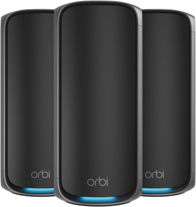 NETGEAR Orbi 970 Series (RBE973SB) Quad-Band WiFi 7 Mesh System Black Edition - Router + 2 Satellite Extenders, Security Features, Up to 27 Gbps, Covers 8,200 sq. ft., 200...