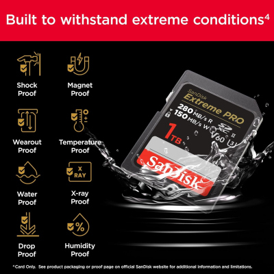 SanDisk 1TB Extreme PRO SDXC card, SD Card, V60 Memory card, 6K & 4K UHD, up to 280 MB/s, Shock, Temperature, Water and X-Ray Proof, RescuePro Deluxe data recovery software,...