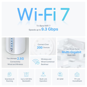 TP-Link Deco BE9300(3-pack) WiFi 7 BE9300Mbps Whole Home Mesh WiFi System, 2.5Gbps Ports, VPN Supported, Router & Extender Booster, AI-Driven Mesh, 6 GHz Band, Homeshield, Alexa...