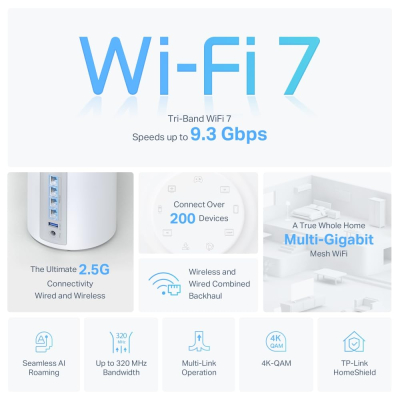 TP-Link Deco BE9300(3-pack) WiFi 7 BE9300Mbps Whole Home Mesh WiFi System, 2.5Gbps Ports, VPN Supported, Router & Extender Booster, AI-Driven Mesh, 6 GHz Band, Homeshield, Alexa...