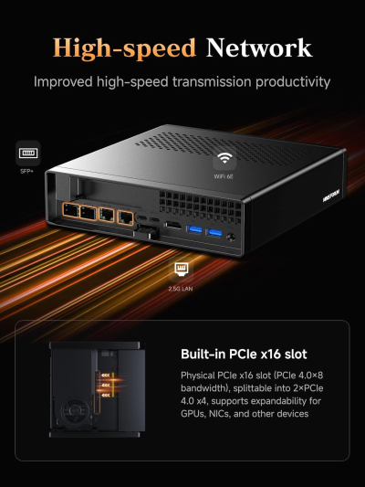MINISFORUM AMD Ryzen 9 9955HX Barebone with MS-A2 Mini PC (16C/32T, up to 5.4GHz), PCIe×16, HDMI/2x USB-C (8K@60Hz), 2x SFP+ 10G, 2x 2.5G LAN, 3x SSD M.2 (2280/22110/U.2),NO...