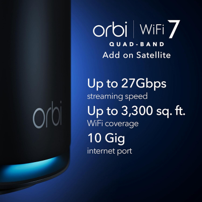 NETGEAR Orbi 970 Series Quad-band WiFi 7 Mesh Add-on Satellite (RBE970B) - Works With Orbi RBE972SB And RBE973SB, Adds Coverage Up To 3,300 sq. ft., BE27000 802.11be (Up To 27Gbps)