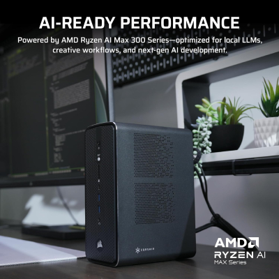 Corsair AI WORKSTATION 300 Desktop PC – AMD Ryzen AI Max+ 395 CPU – AMD Radeon 8060S iGPU (Up to 96GBs vRAM) – 128GB LPDDR5X 8000MT/s Memory – 4TB M.2 SSD – Black