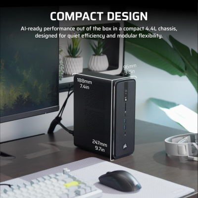 Corsair AI WORKSTATION 300 Desktop PC – AMD Ryzen AI Max+ 395 CPU – AMD Radeon 8060S iGPU (Up to 96GBs vRAM) – 128GB LPDDR5X 8000MT/s Memory – 4TB M.2 SSD – Black