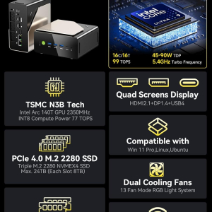 GMKtec EVO-T1 Mini PC AI Ultra 9 285H (up to 5.4GHz) 64GB DDR5 (32GB*2) 2TB PCIe 4.0 SSD Gaming Mini Computer, 3X M.2 Expansion Slots, Oculink, Quad Screen 8K Display