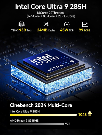 GMKtec EVO-T1 Mini PC AI Ultra 9 285H (up to 5.4GHz) 64GB DDR5 (32GB*2) 2TB PCIe 4.0 SSD Gaming Mini Computer, 3X M.2 Expansion Slots, Oculink, Quad Screen 8K Display