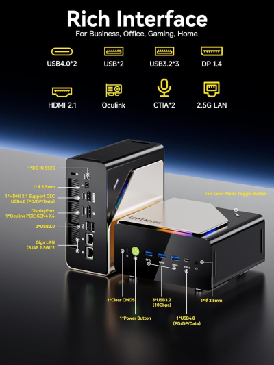 GMKtec EVO-T1 Mini PC AI Ultra 9 285H (up to 5.4GHz) 64GB DDR5 (32GB*2) 2TB PCIe 4.0 SSD Gaming Mini Computer, 3X M.2 Expansion Slots, Oculink, Quad Screen 8K Display