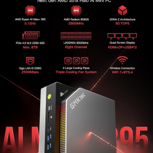GMKtec EVO-X2 AI Mini PC AMD Ryzen Al Max+ 395 (up to 5.1GHz) Mini Gaming Computers, 96GB LPDDR5X 8000MHz (8GB*8) 2TB PCIe 4.0 SSD, Quad Screen 8K Display, WiFi 7 & USB4, SD...