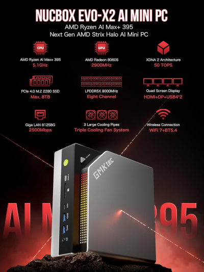 GMKtec EVO-X2 AI Mini PC AMD Ryzen Al Max+ 395 (up to 5.1GHz) Mini Gaming Computers, 96GB LPDDR5X 8000MHz (8GB*8) 2TB PCIe 4.0 SSD, Quad Screen 8K Display, WiFi 7 & USB4, SD...