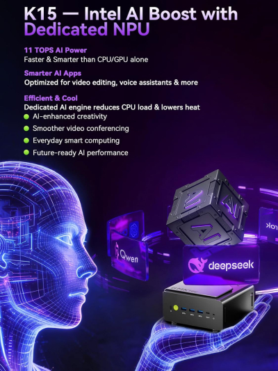 GMKtec K15 AI Mini PC Oculink with Intel Core Ultra 5 125U Processor, 32GB DDR5 RAM 1TB SSD, Desktop Computer AI Boost, 3X M.2 2280 Storage Expansion, Dual NIC 2.5GbE, HDMI 2.1,...