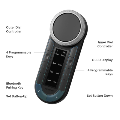 HUION Keydial Remote K40 Bluetooth Programmable Keypad,OLED Display with Dual Dials, 60 Customized Keys Macro Keyboard for PC, Mac, Mobile, One-Hand Shortcut Keyboard for...
