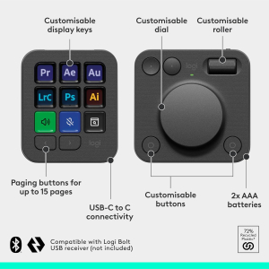 Logitech MX Creative Console, Programmable Keypad With 9 Customisable LCD Keys and Control Dial for Graphic Design, Video Editing, Photography, use with Adobe, Zoom, Spotify and...