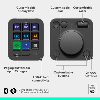 Logitech MX Creative Console, Programmable Keypad With 9 Customisable LCD Keys and Control Dial for Graphic Design, Video Editing, Photography, use with Adobe, Zoom, Spotify and...