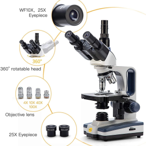 Swift SW350T Compound Trinocular Microscope,40X-2500X Magnification,Two-Layer Mechanical Stage,with 5.0 mp Camera and Software Windows/Mac Compatible and 5 PCS Prepared Slides...