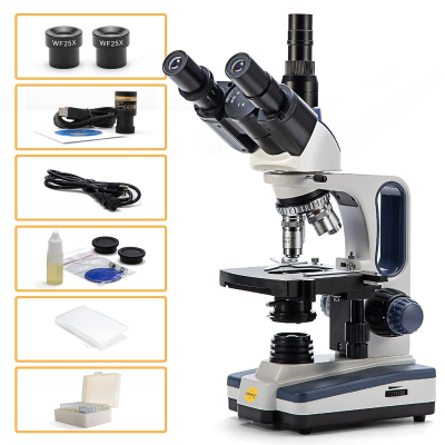 Swift SW350T Compound Trinocular Microscope,40X-2500X Magnification,Two-Layer Mechanical Stage,with 5.0 mp Camera and Software Windows/Mac Compatible and 5 PCS Prepared Slides...