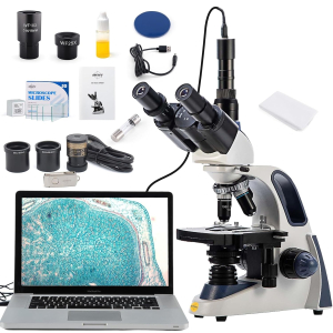 SWIFT SW380T Compound Trinocular Microscope, 40-2500X Magnification, Siedentopf Head, Dual Layer Mechanical Table with 5.0MP Camera and Software, and 100 Blank Slides