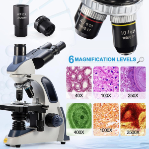SWIFT SW380T Compound Trinocular Microscope, 40-2500X Magnification, Siedentopf Head, Dual Layer Mechanical Table with 5.0MP Camera and Software, and 100 Blank Slides