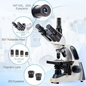 SWIFT SW380T Compound Trinocular Microscope, 40-2500X Magnification, Siedentopf Head, Dual Layer Mechanical Table with 5.0MP Camera and Software, and 100 Blank Slides