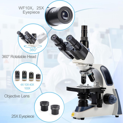 SWIFT SW380T Compound Trinocular Microscope, 40-2500X Magnification, Siedentopf Head, Dual Layer Mechanical Table with 5.0MP Camera and Software, and 100 Blank Slides