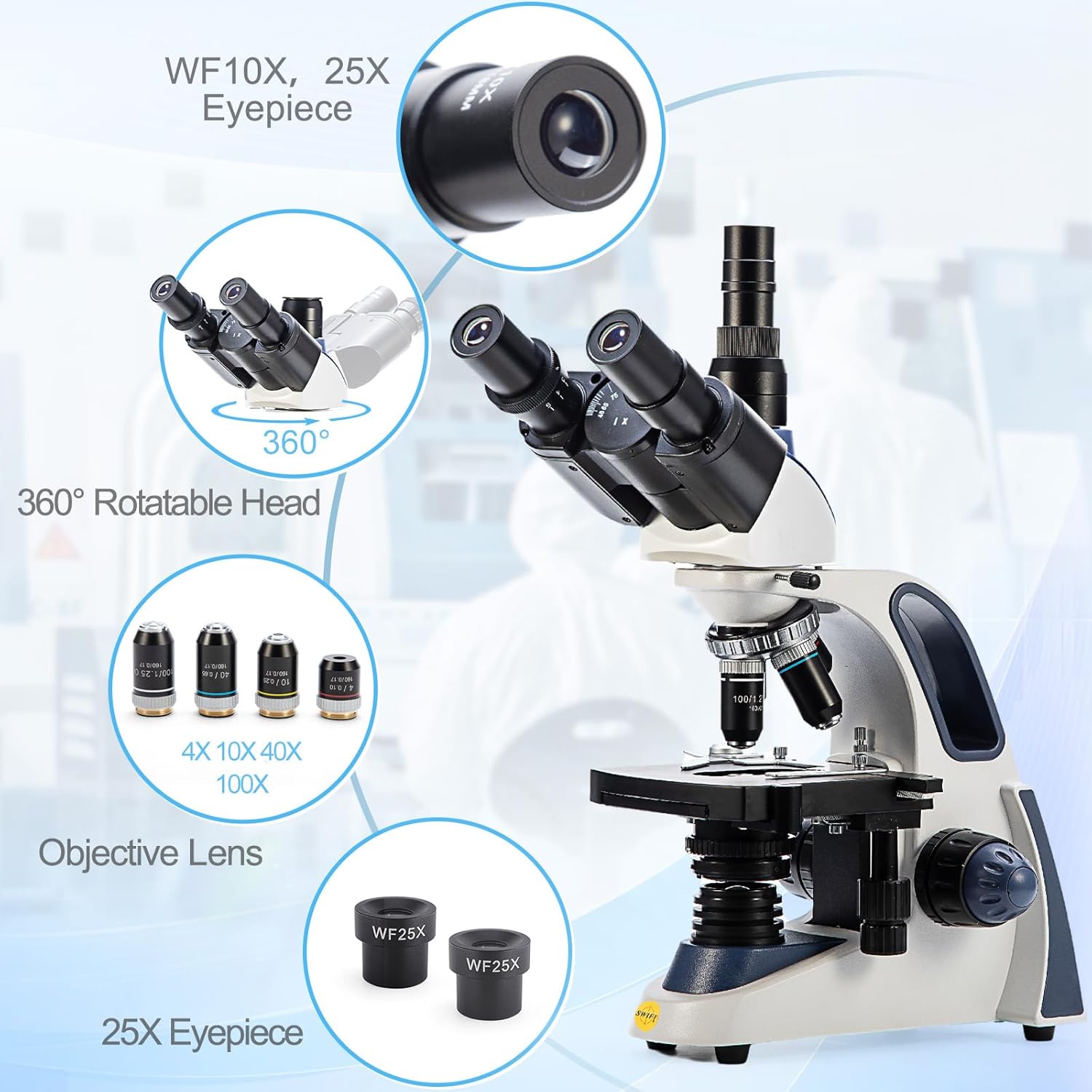 SWIFT SW380T Compound Trinocular Microscope, 40-2500X Magnification ...