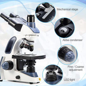 SWIFT SW380T Compound Trinocular Microscope, 40-2500X Magnification, Siedentopf Head, Dual Layer Mechanical Table with 5.0MP Camera and Software, and 100 Blank Slides