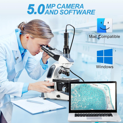 SWIFT SW380T Compound Trinocular Microscope, 40-2500X Magnification, Siedentopf Head, Dual Layer Mechanical Table with 5.0MP Camera and Software, and 100 Blank Slides