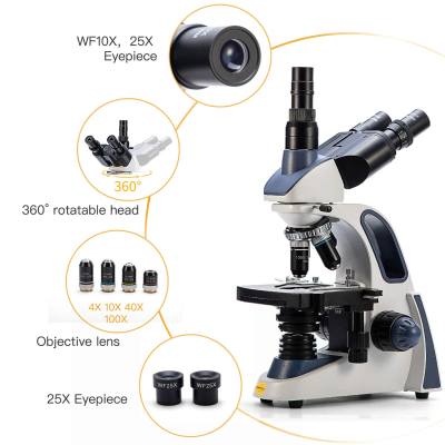 Swift SW380T Compound Trinocular Microscope, 40X-2500X Magnification, Two-Layer Mechanical Stage, 5.0 MP Camera and Software Windows/Mac Compatible and 100 PCS Blank Slides