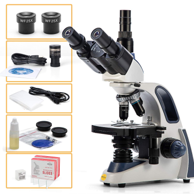 Swift SW380T Compound Trinocular Microscope, 40X-2500X Magnification, Two-Layer Mechanical Stage, 5.0 MP Camera and Software Windows/Mac Compatible and 100 PCS Blank Slides