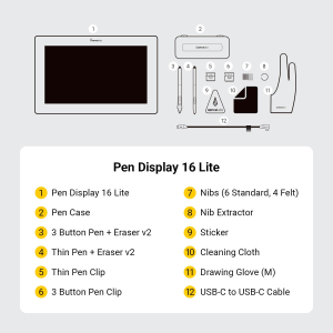 Xencelabs Pen Display 16 Lite 4K OLED Professional Drawing Tablet with Screen 16" Portable Drawing Display with 2 Battery-Free Pens