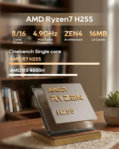 AOOSTAR MACO mini pc Ryzen7 H255(8C/16T,4.9GHz) 780M GPU fast Barebones desktop computer, Dual DDR5 RAM Two M.2 SSD, Fingerprint unlock, USB4.0x2, Oculink, HDMI,DP,USBx4,2.5G...