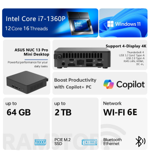 ASUS NUC 13 Pro Mini Desktop, Intel 12-Core i7-1360P, 16GB RAM, 512GB SSD, Wi-Fi 6E, Support 4-Display 4K, Thunderbolt 4, HDMI, Bluetooth, Windows 11 Pro, Black, PC for...