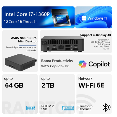 ASUS NUC 13 Pro Mini Desktop, Intel 12-Core i7-1360P, 16GB RAM, 512GB SSD, Wi-Fi 6E, Support 4-Display 4K, Thunderbolt 4, HDMI, Bluetooth, Windows 11 Pro, Black, PC for...