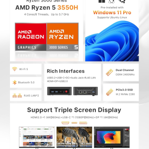 BOSGAME E4 Home-Office-Mini PC, Ryzen 5 3550H (Beats N150, up to 3.7 GHz), 16 GB DDR4 RAM 512 GB NVMe SSD, Mini Computer, 4K Triple Display, HDMI, USB-C, DP, Dual LAN, Wi-Fi 5,...