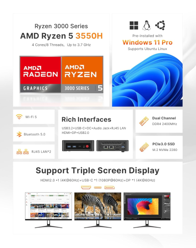 BOSGAME E4 Home-Office-Mini PC, Ryzen 5 3550H (Beats N150, up to 3.7 GHz), 16 GB DDR4 RAM 512 GB NVMe SSD, Mini Computer, 4K Triple Display, HDMI, USB-C, DP, Dual LAN, Wi-Fi 5,...