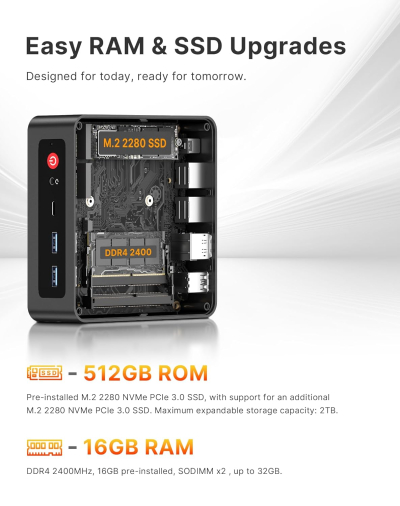 BOSGAME E4 Home-Office-Mini PC, Ryzen 5 3550H (Beats N150, up to 3.7 GHz), 16 GB DDR4 RAM 512 GB NVMe SSD, Mini Computer, 4K Triple Display, HDMI, USB-C, DP, Dual LAN, Wi-Fi 5,...