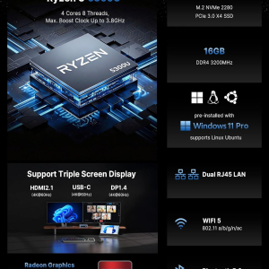 BOSGAME E5 Mini PC Windows 11 Pro, Ryzen 5300U (Beats 4300U, Up to 3.8GHz), 16GB DDR4 RAM 512GB SSD Mini Desktop PC, Triple 4K Display, Dual 2.5G LAN, WiFi 5, BT5.0, Mini...