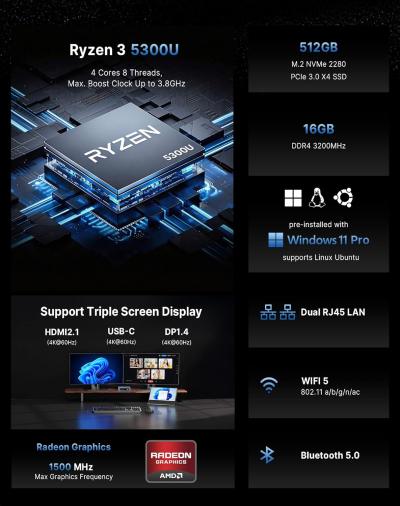 BOSGAME E5 Mini PC Windows 11 Pro, Ryzen 5300U (Beats 4300U, Up to 3.8GHz), 16GB DDR4 RAM 512GB SSD Mini Desktop PC, Triple 4K Display, Dual 2.5G LAN, WiFi 5, BT5.0, Mini...