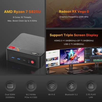 BOSGAME P4 Plus Mini PC Ryzen 7 7730U (Upgraded 5825U), 8C/16T, up to 4.5GHz, 16GB DDR4 1TB PCIe 4.0 SSD, Triple Display Desktop PC, WiFi 6E, BT5.2, Type-C