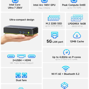 GMKtec K13 5G Mini PC AI Intel Ultra 7 256V (up to 4.8GHz) 16GB DDR5 8533MHz 512GB PCIe 4.0 SSD Gaming Mini Computer, 2X M.2 Expansion Slots, HDMI, USB4