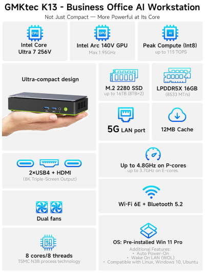 GMKtec K13 5G Mini PC AI Intel Ultra 7 256V (up to 4.8GHz) 16GB DDR5 8533MHz 512GB PCIe 4.0 SSD Gaming Mini Computer, 2X M.2 Expansion Slots, HDMI, USB4