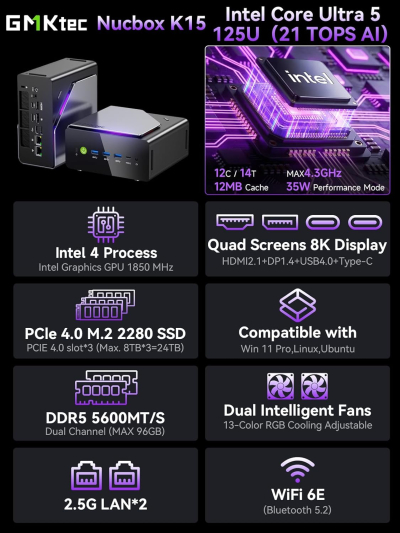 GMKtec K15 AI Mini PC Oculink Intel Ultra 5 125U 32GB DDR5 512GB SSD, Desktop Computer AI Boost, 3X M.2 2280 Storage Expansion, Dual NIC 2.5GbE, HDMI 2.1, USB4