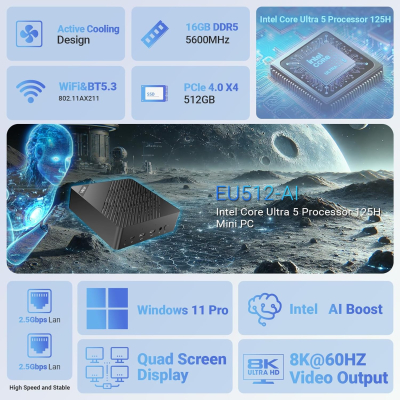 MINIX EU512-AI Mini PC Intel Core Ultra 5 125H 16GB DDR5/512GB SSD 8K Quad Output/Thunderbolt 4/Whisper-Quiet Office Design/AI Boost NPU/Dual 2.5G/Wi-Fi 6E Windows 11 Pro Home &...